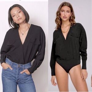 Good American Black Long Sleeve Bodysuit Black Utility Surplice Wrap Bodysuit
